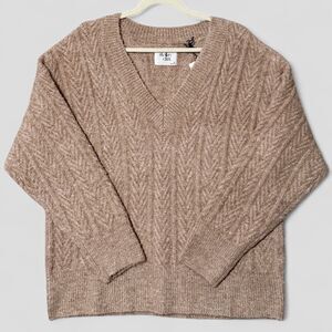 NWT Stellae Dux V-Neck Sweater Cable-Knit Long Sleeve Drop Shoulder Tan Size XL